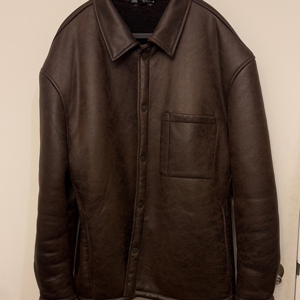 Zara Men's Dark Brown Teddy Faux Shearling Shirt Jacket